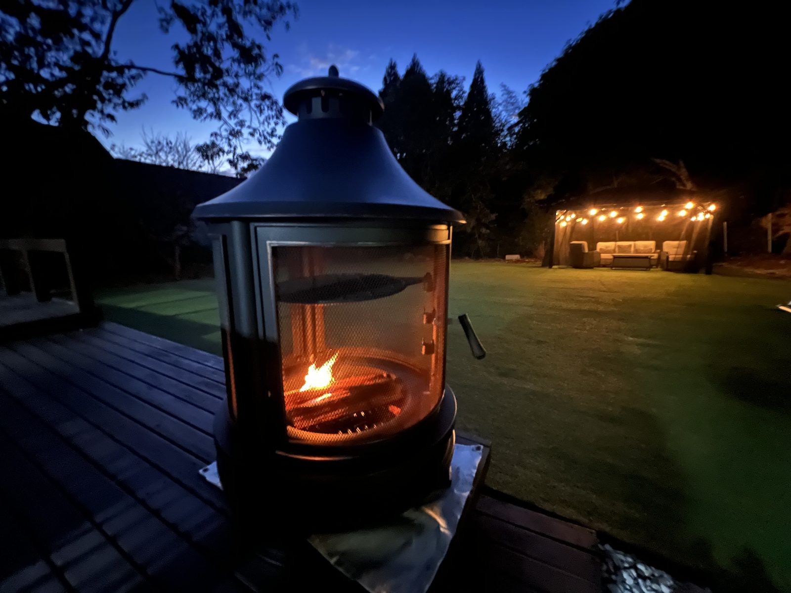 Evening firepit on the deck at BlueFlow KATSUURA, a small forest retreat in the hills of Katsuura, Chiba, Japan